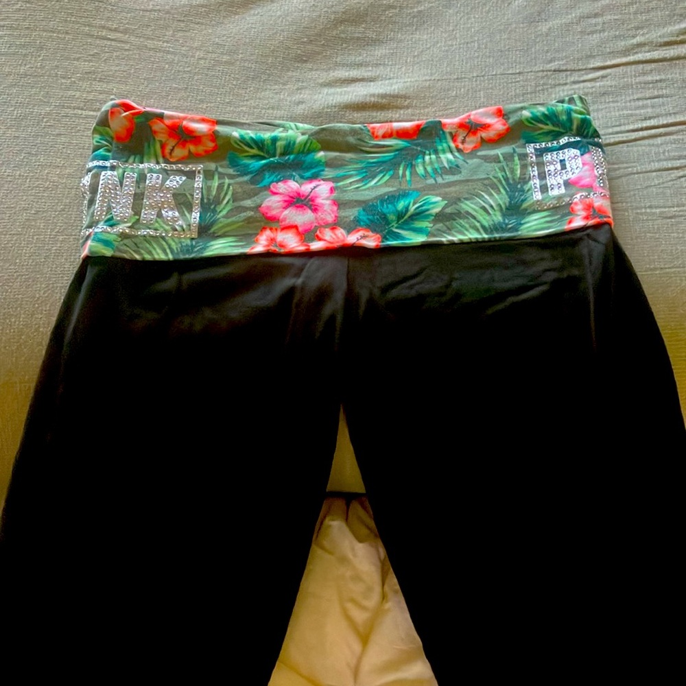 VS PINK Black Logo Embellished Tropical Fold Over Waist Flare Leg Yoga Pants S